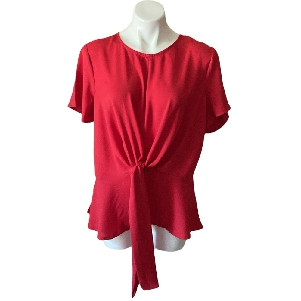 Ashley Stewart Racing Red Peplum Short Sleeve Scoop Neck Tie Front Zipper Blouse